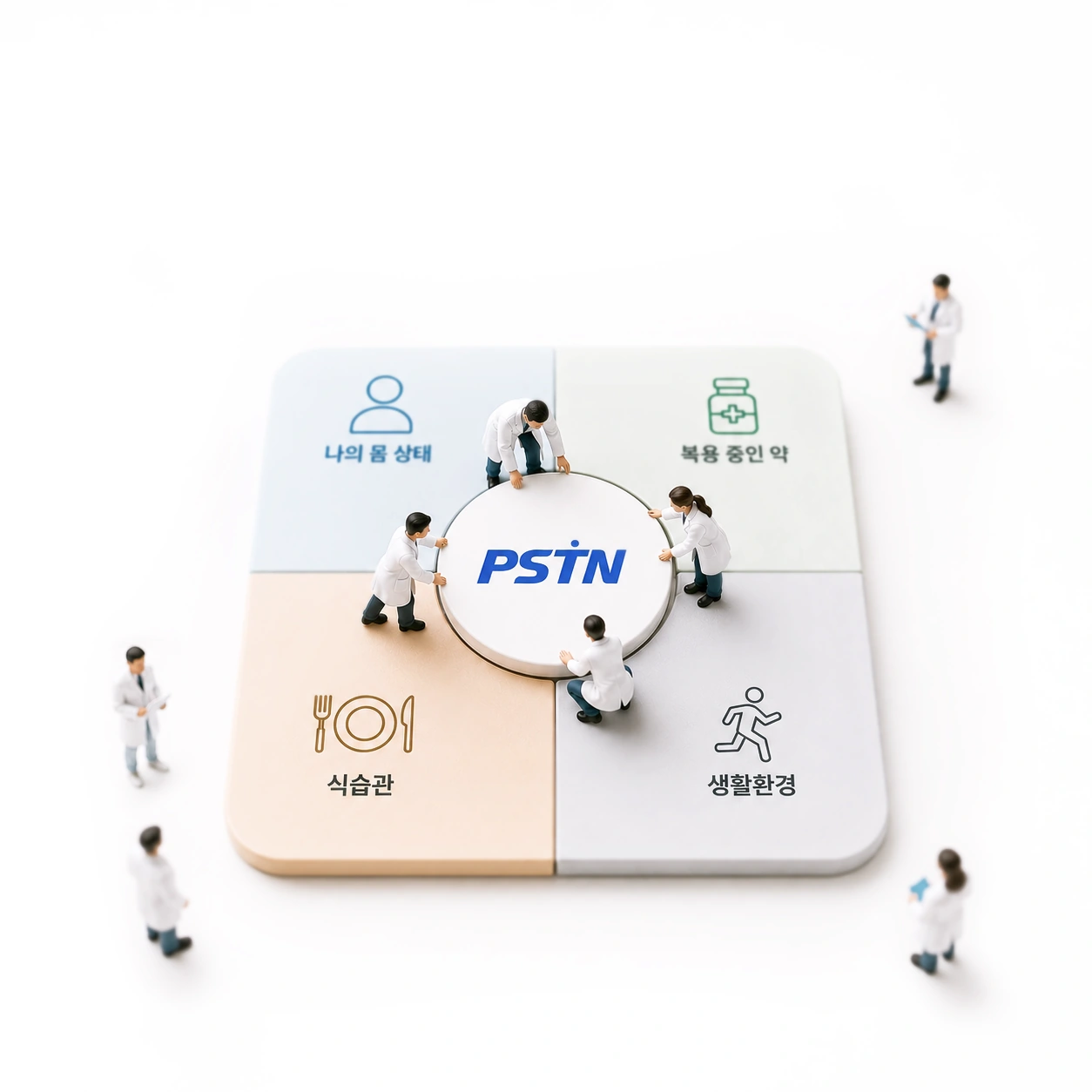 나의 몸 상태·복용 중인 약·식습관·생활환경이 PSTN을 중심으로 맞물리는 퍼즐 그림