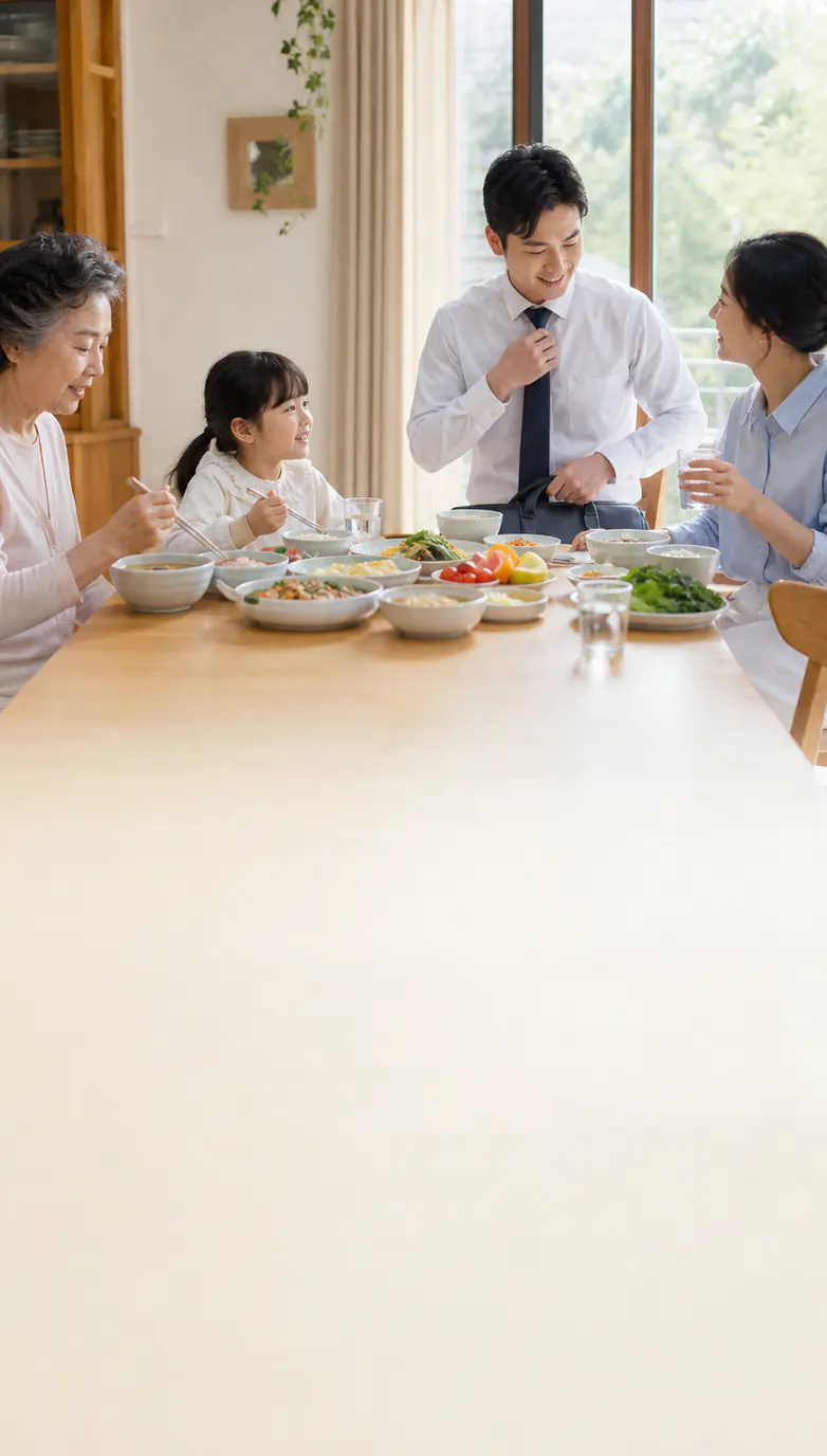 세대가 다른 가족이 밝은 아침 식탁에서 각자의 하루를 준비하는 모습