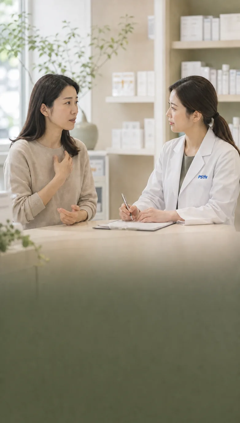 몸의 신호를 설명하며 PSTN 약사와 상담하는 고객